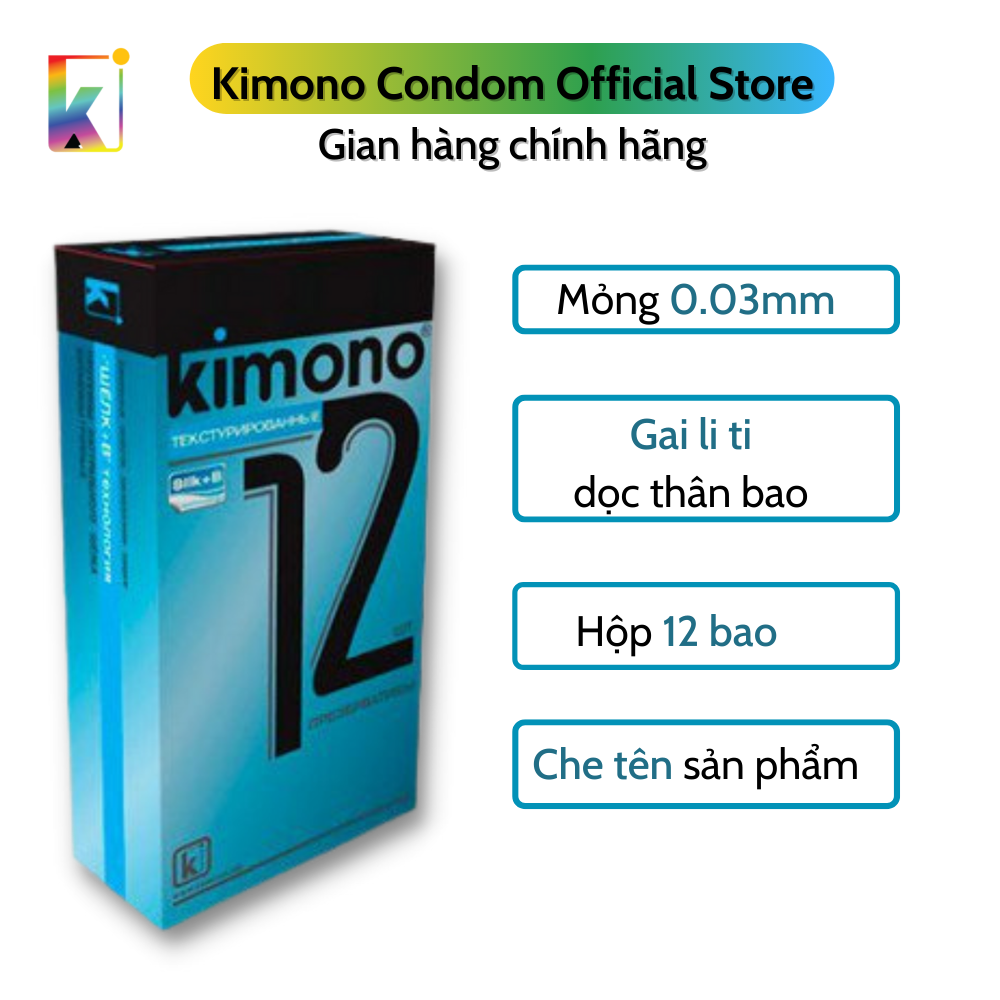 Bao cao su Kimono Blue Siêu mỏng 0.03mm - Gai nổi - Hộp 12 bao