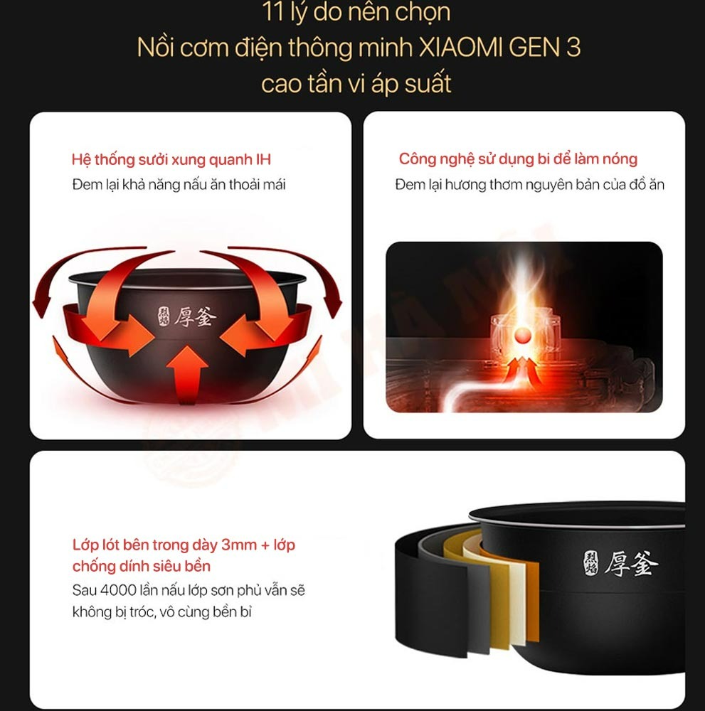 Nồi cơm điện cao tần áp suất Xiaomi gen 3 mới thông minh 3L, 4L, nấu nhanh 40 phút IH Rice Cooker - Hàng chính hãng