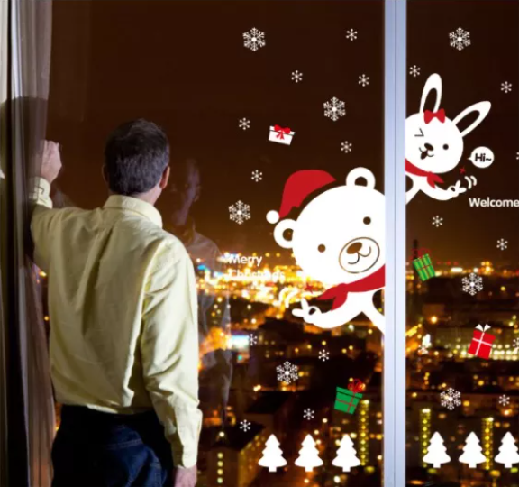 Decal trang trí Noel - Gấu Thỏ Trắng chào đón giáng sinh đáng yêu