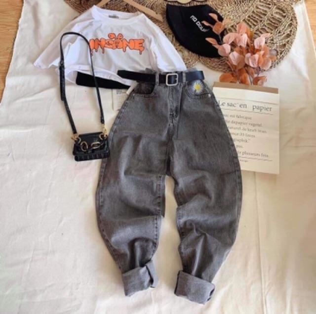 Quần baggy thêu túi hoa cúc màu xám khói mã 3126, hình thật 100