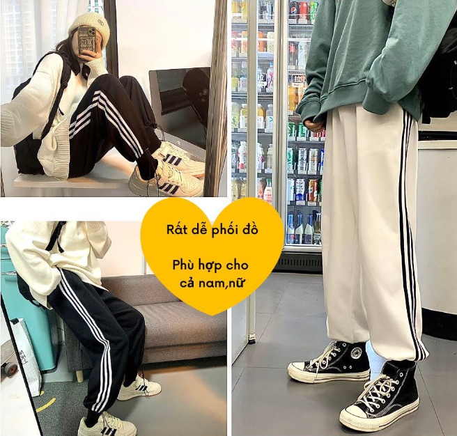Quần thun jocker chạy 3 viền sọc có dây lai rút, Quần Jogger Nam Nữ Thể Thao 3 Sọc Form Ống Rộng Để Suông Hoặc Rút Dây Bo Gấu Vải Mịn Mềm Mát