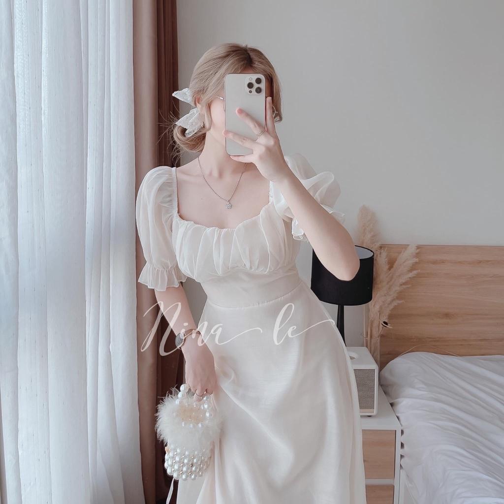 Váy babydoll tiểu thư voan tơ cổ vuông nơ lung, đầm trễ vai công chúa phong cách ulzzang hàn quốc
