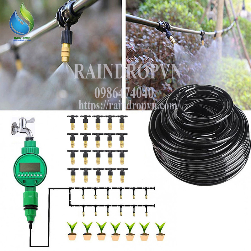 Bộ KIT Phun Sương Tưới Cây 12 Béc Bằng Đồng Cao Cấp kèm van hẹn giờ pin