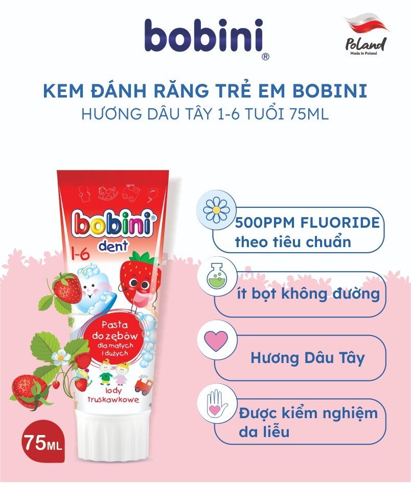 Kem đánh răng trẻ em Bobini hương kem dâu 1-6 tuổi 75ML