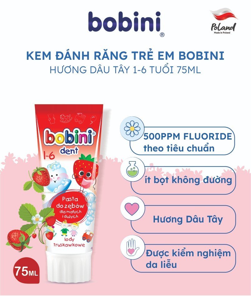 Kem đánh răng trẻ em Bobini hương kem dâu 1-6 tuổi 75ML