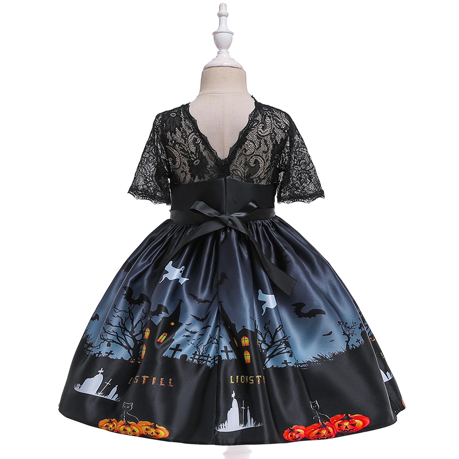 Kids Girls Halloween Costume Dress Pumpkin Skull Printed Fancy Dress Up Cosplay Party Outfits