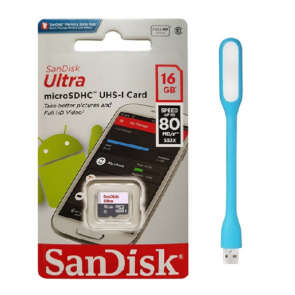 Thẻ Nhớ Micro SDHC SanDisk UHS-1 16GB Class 10 - 80MB/s - Hàng Chính Hãng + Tặng đèn Led