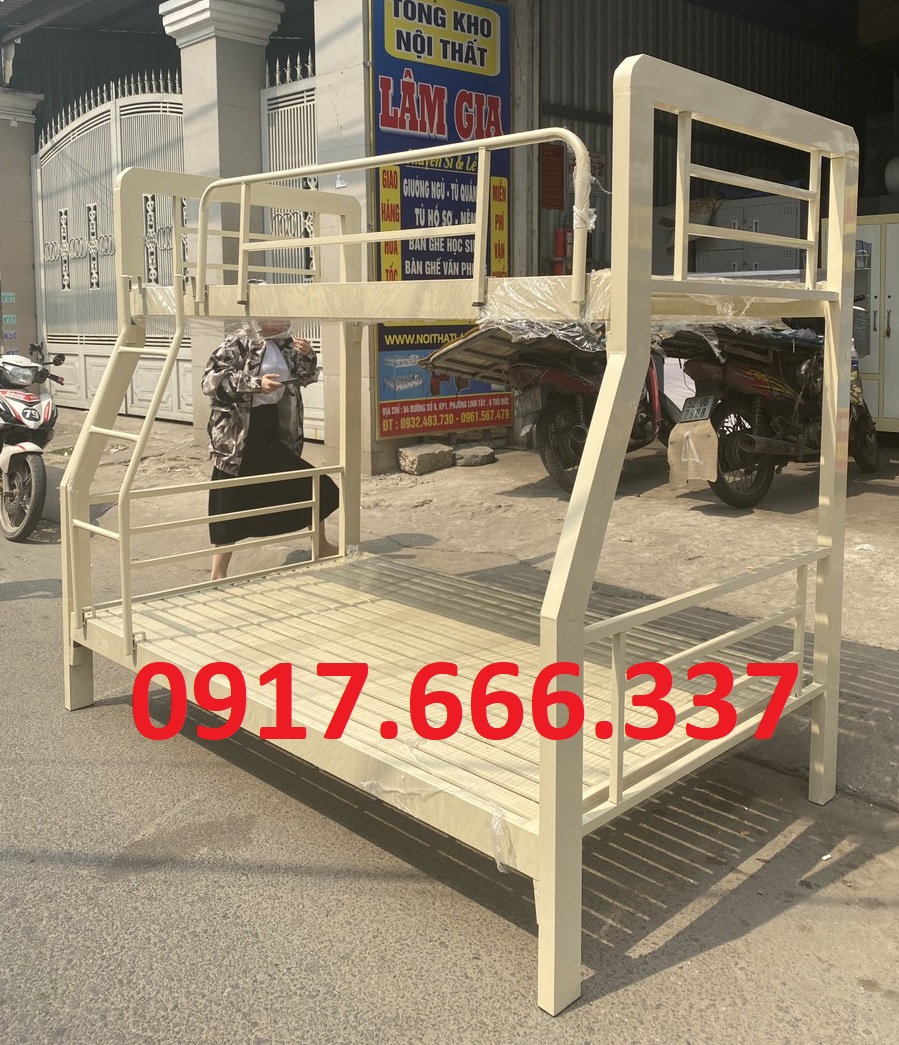 Giường tầng sắt hộp 4x8 cao cấp 1m/1m2 màu kem dành cho gia đình