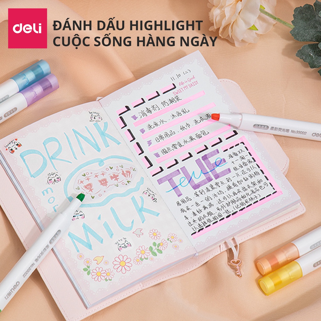 Set 6 Chiếc Bút Highlight Hai Đầu Bút Nhớ Dòng Đánh Dấu Dạ Quang Take Note Ghi Chú Deli - Bảng Màu Pastel Macaron - 33002 S605 S735 S134