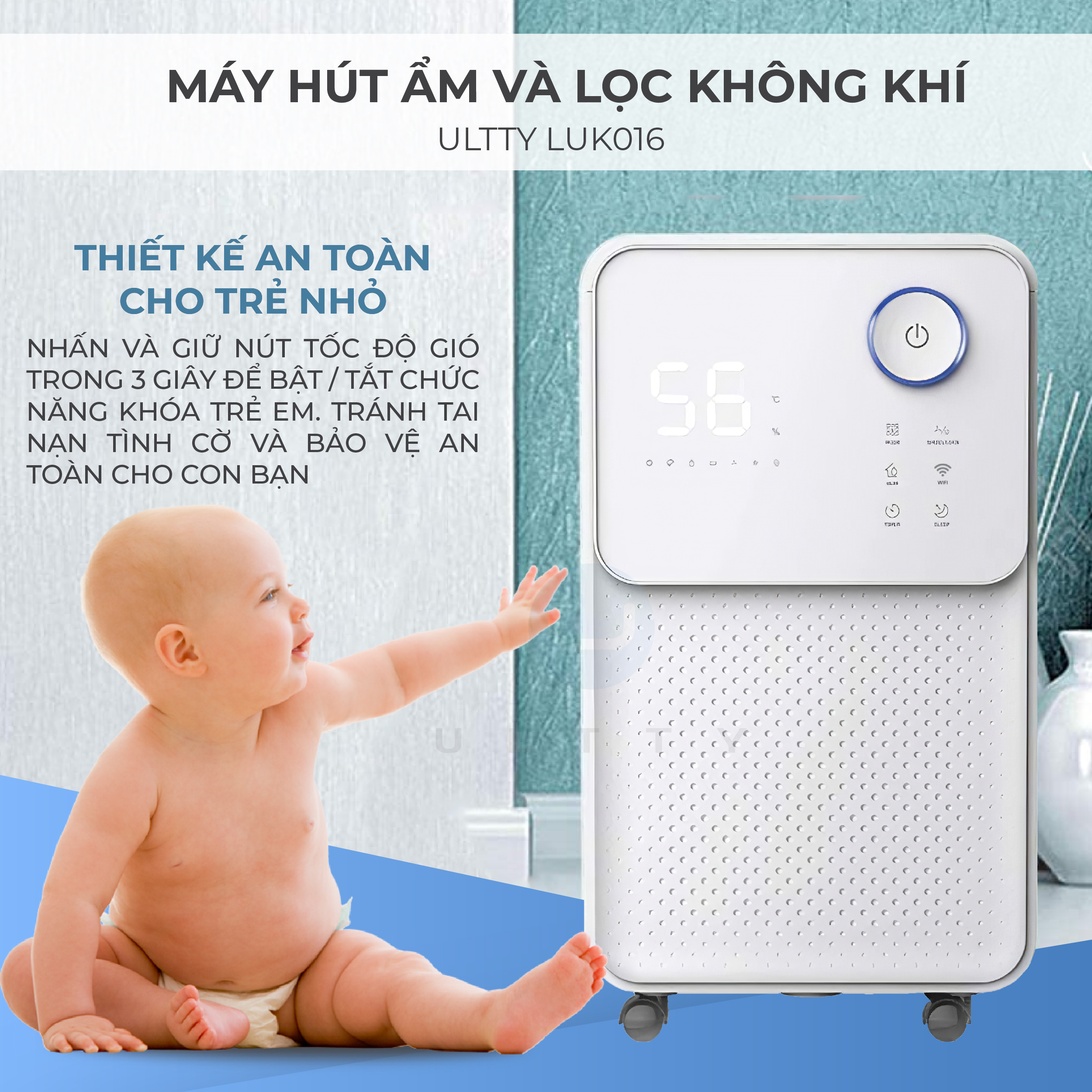 Máy hút ẩm và lọc không khí ULTTY LUK016, giải pháp cho những ngày nồm, khử khuẩn nấm mốc, phơi khô quần áo - Hàng chính hãng