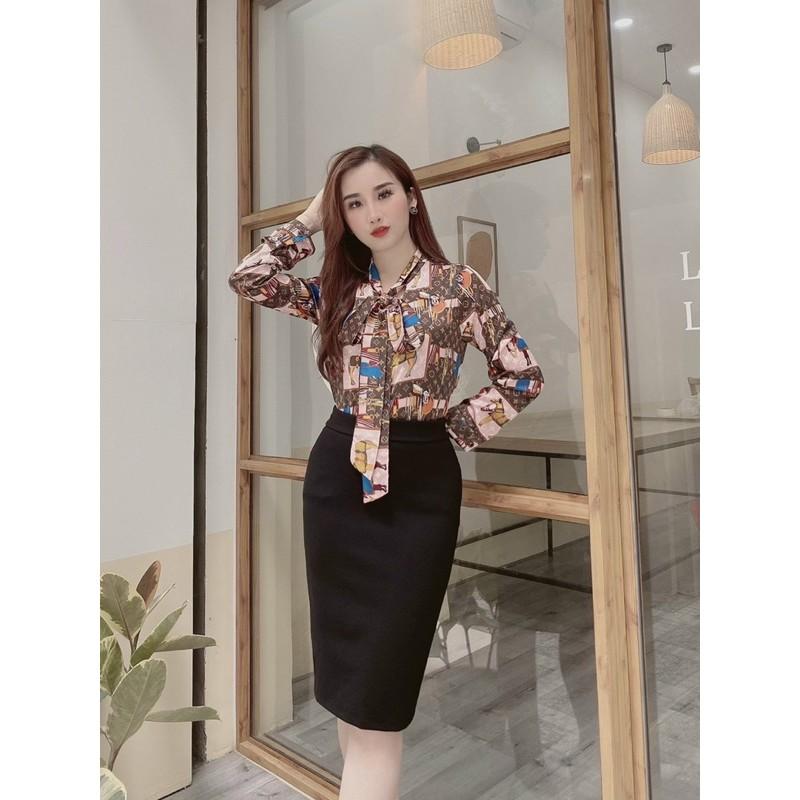 Áo sơ mi cổ nơ hoạ tiết chú ngựa dài tay siêu hót