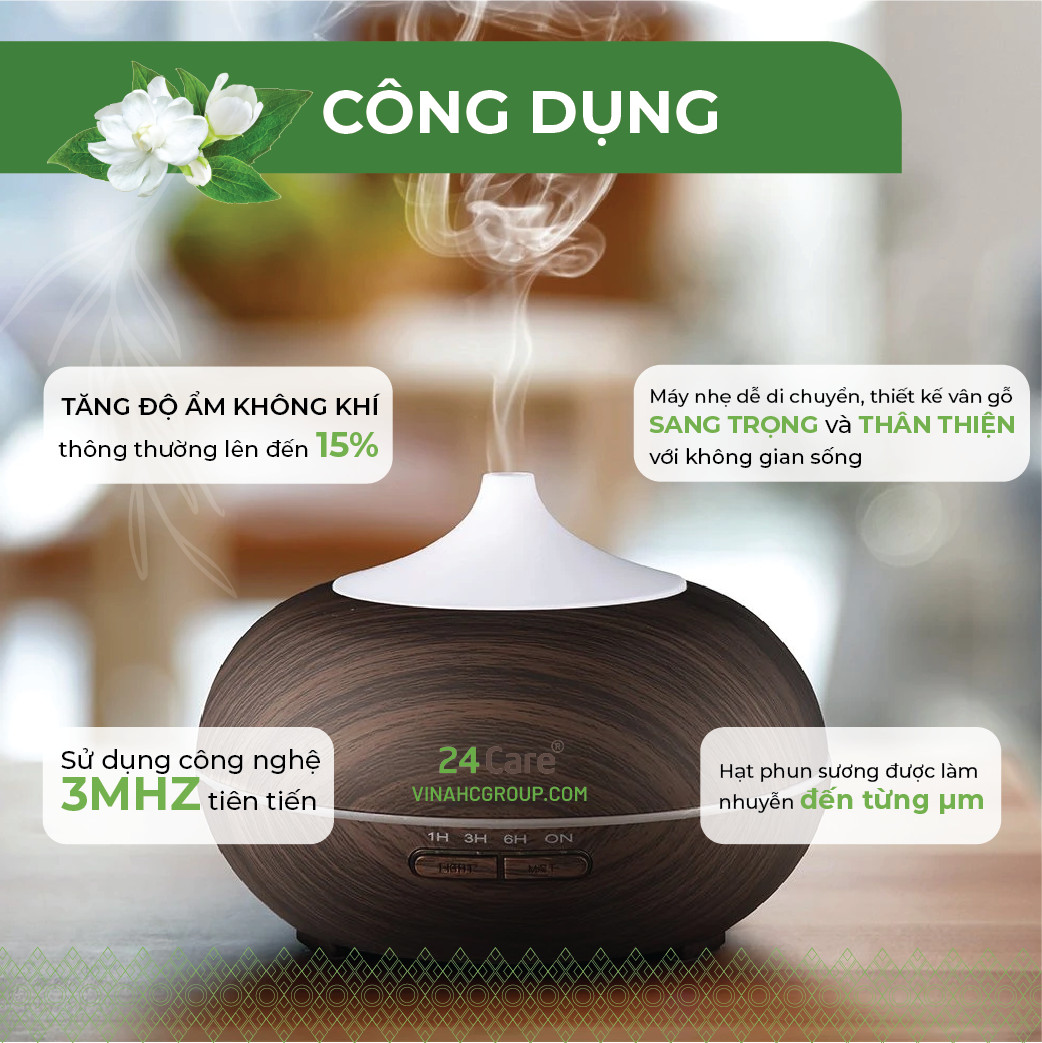 Máy khuếch tán Tinh Dầu 24Care Bí Ngô Đen Ultrasonic 500ml , Tặng 3 Chai tinh dầu Sả Chanh + Bạc Hà + Bưởi ÚC 24Care 10ml | Xông Phòng | Kèm Remote Điều Khiển | Công nghệ siêu âm.