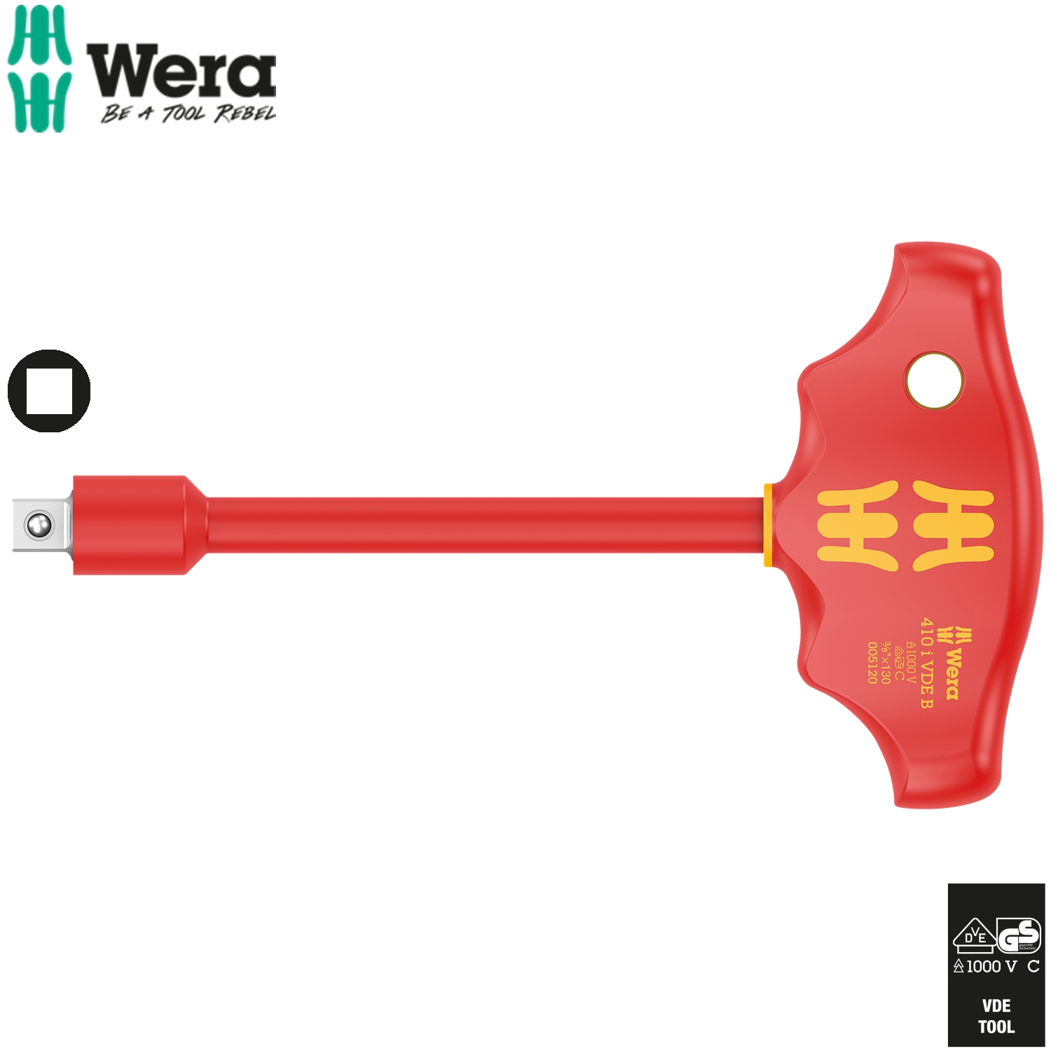 Tua vít chữ T cách điện 3/8&quot; Wera 05005120001 410 i VDE B dùng để mở tuýp và tuýp đầu vít cách điện 3/8&quot; dài 130mm