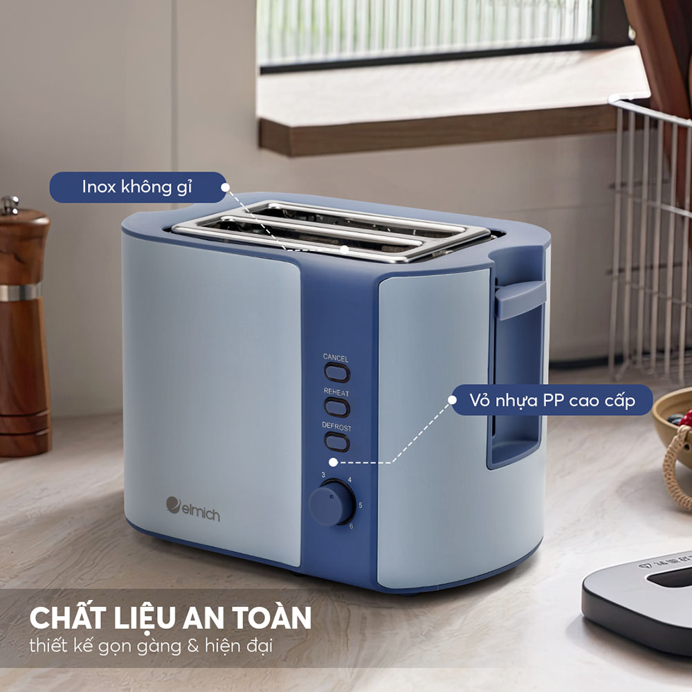 Máy nướng bánh mì Elmich TTE-8580, công suất 800W, 6 mức nhiệt điều chỉnh, 2 chế độ hâm nóng và rã đông, 1 khay treo bánh mì nướng thông minh, 2 khe nướng giúp nướng được các lát bánh có độ dày và kích cỡ khác nhau  - Hàng chính hãng