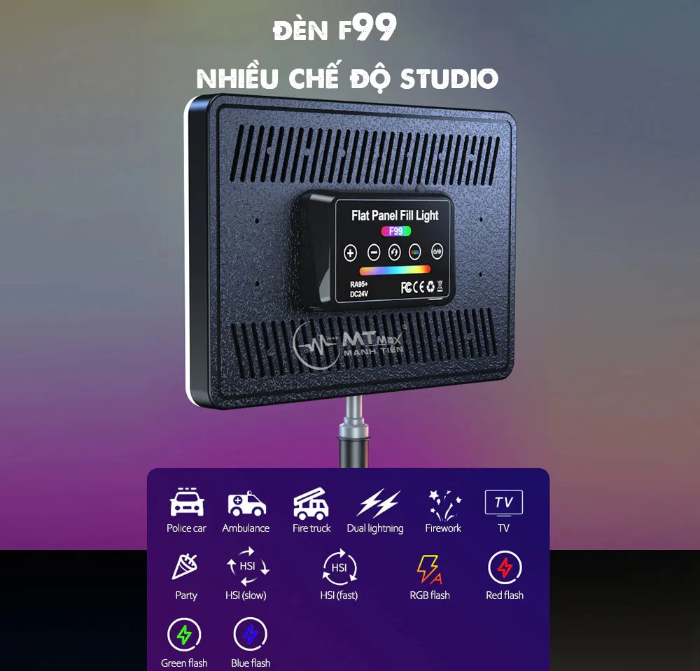 Đèn F99 RGB nhiều chế độ chỉnh kèm điều khiển, đèn F99 Chụp Ảnh Video nhiệt độ màu 3000K-6500K, đầu bóng cung cấp 360 ° quay góc chiếu sáng điều chỉnh độc lập, kích thước nhỏ gọn và nhẹ, mang đến sự thuận tiện hơn cho việc cất giữ và mang đi