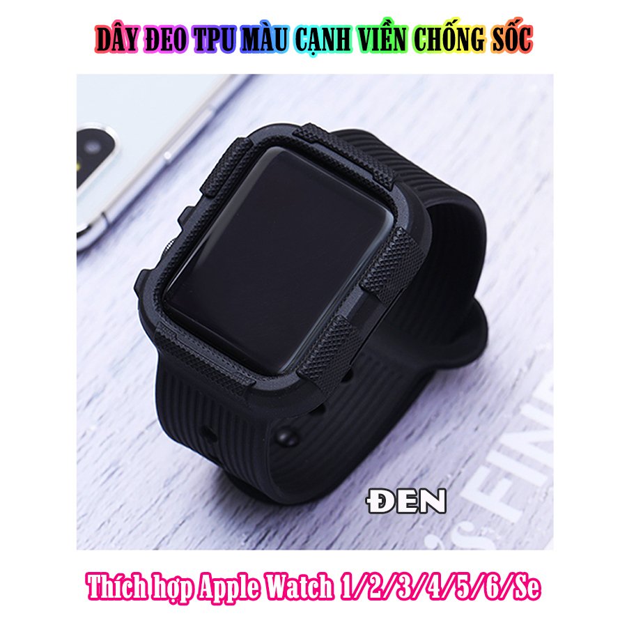 Dây Đeo liền ốp dành cho Apple Watch size 38/40/42/44mm TPU màu cạnh viền chống sốc - Đen (tặng dán KCL theo size)