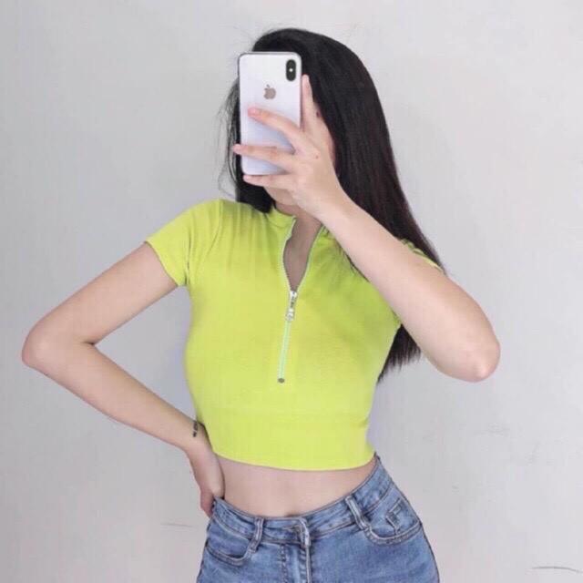 Áo thun croptop cổ bẻ kéo khóa JOY BABE thun xịn co giãn 4 chiều  crop polo trơn basic cam xanh lá sáng da CRON 14 -4E