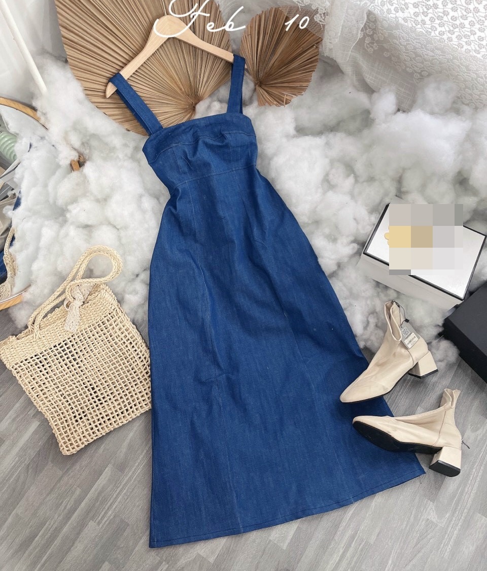 ĐẦM DÂY DENIM JEANS MIDI DÀI SUÔNG TRƠN HAI DÂY CỔ U DẠO PHỐ ĐI BIỂN DỰ TIỆC