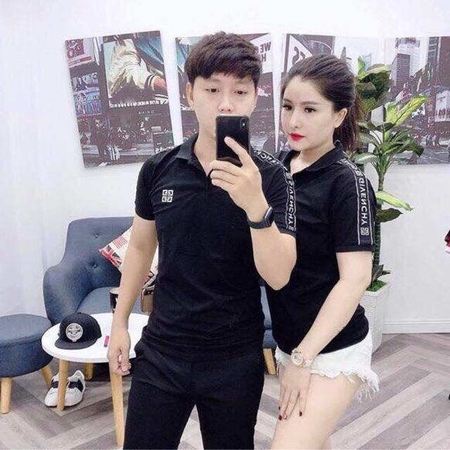 Áo thun cặp cao cấp mới ô vuông viền vai sọc