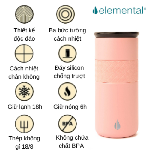 LY GIỮ NHIỆT ELEMENTAL MÀU HỒNG , ĐẠT CHUẨN FDA HOA KỲ, THÉP 304 KHÔNG GỈ, GIỮ NÓNG LẠNH