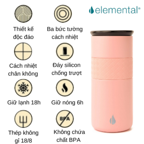 LY GIỮ NHIỆT ELEMENTAL MÀU HỒNG (480ML), ĐẠT CHUẨN FDA HOA KỲ, THÉP 304 KHÔNG GỈ, GIỮ NÓNG LẠNH