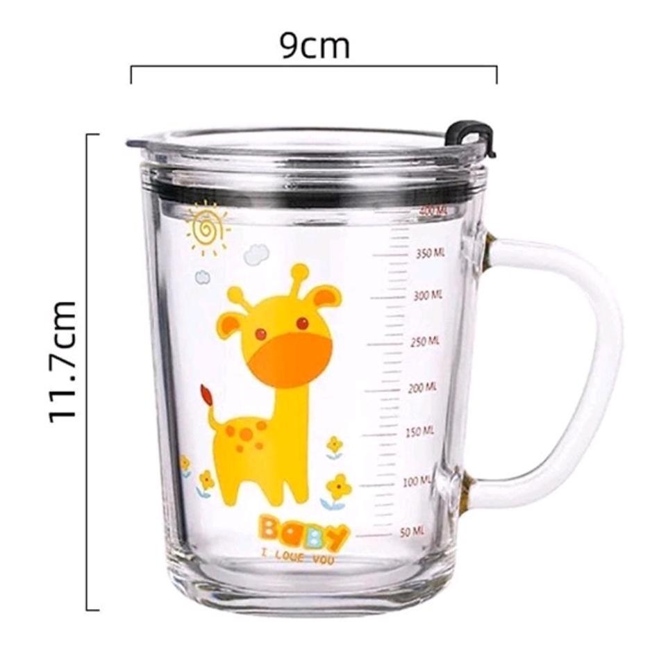 Cốc Chia Vạch  Pha Sữa Thủy Tinh Có Nắp Đậy , Kèm Ống Hút Cho Bé 350ml An Toàn Và Tiện Lợi