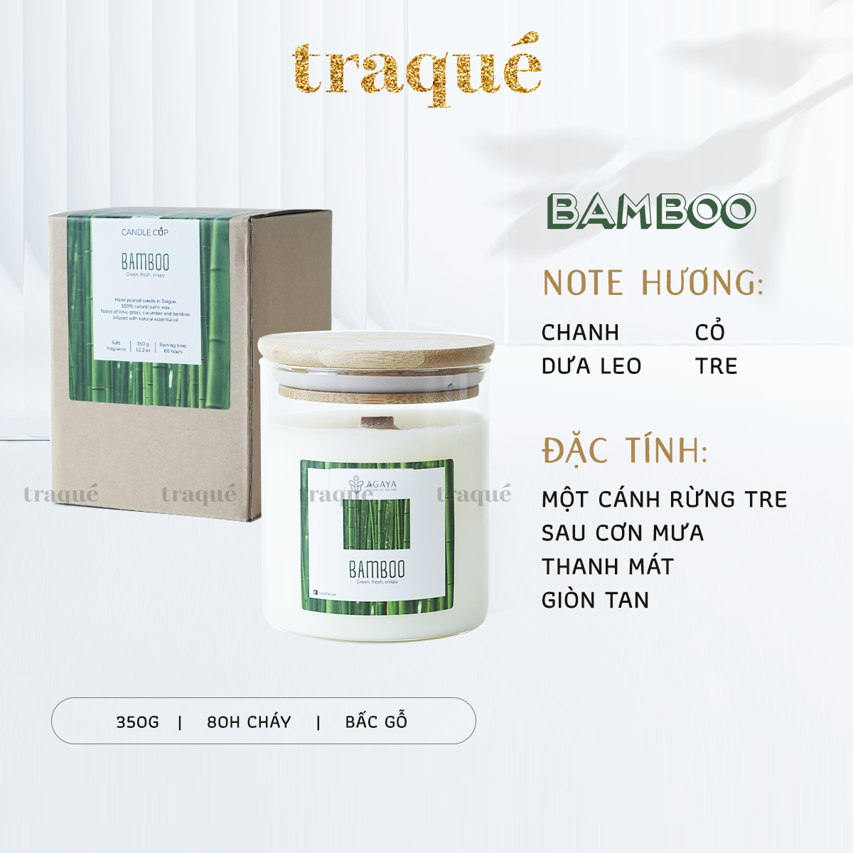 Nến thơm tinh dầu cao cấp không khói an toàn Candle Cup - BAMBOO/HƯƠNG TRE - L - 350G (CÓ NẮP)