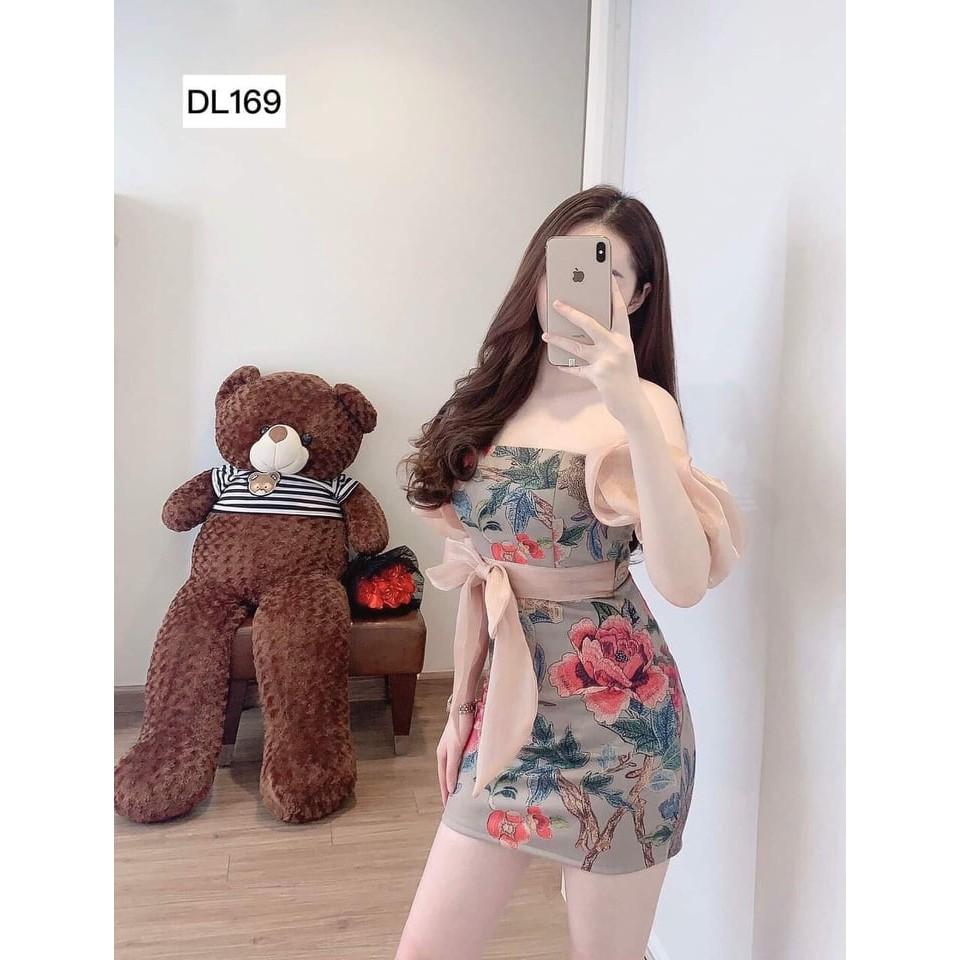 Đầm Nữ hở vay thiết kế phối hoa hồng kèm nơ