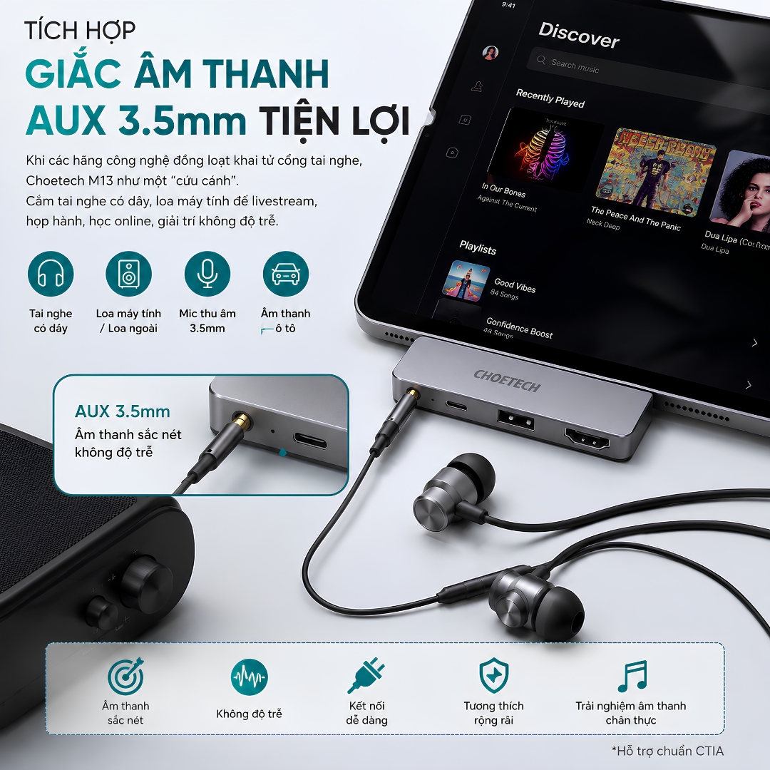 Hub Chuyển đổi Type C chia cổng 4 in 1 thông minh đa năng OMNIDOCK 4K PRO CHOETECH HUB-13 HDMI 4K@60Hz, PD Type C 60W USB 3.0 AUX 3.5mm Cho iPad Laptop MacBook - Hàng nhập khẩu