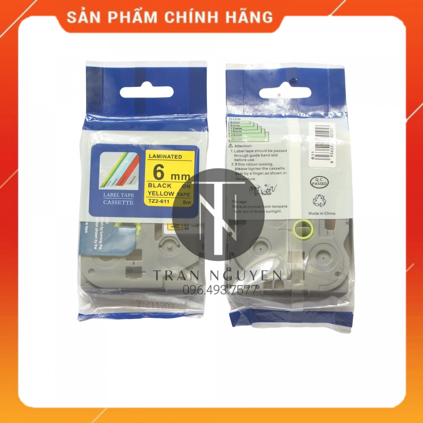 Nhãn In đa lớp Tz2-611 - Đen nền vàng 6mm x 8m - Hàng nhập khẩu