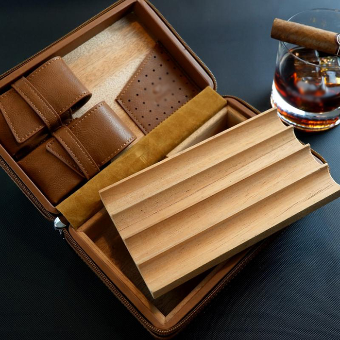 Hộp Đựng Cigar 4 Điếu Giữ Ẩm Cầm Tay Kèm Bật Lửa Và Dao Cắt XJ-T116