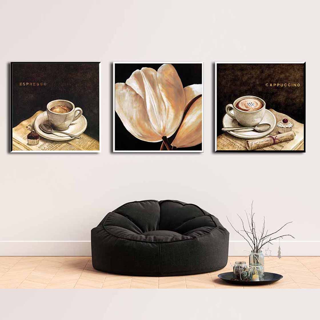 Bộ 3 tranh canvas treo tường decor cafe và hoa trắng - DC010