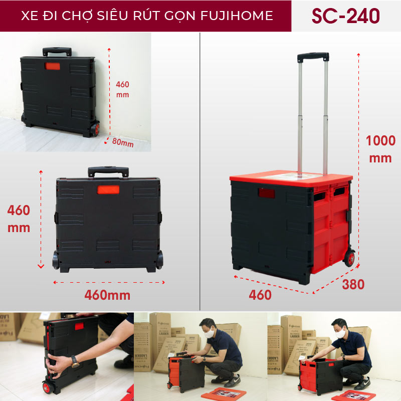 Xe đẩy hàng gấp gọn đi chợ 2 bánh Nhật Bản FUJIHOME, xe kéo hàng đi chợ gấp gọn mini siêu thị đa năng dùng cho ô tô