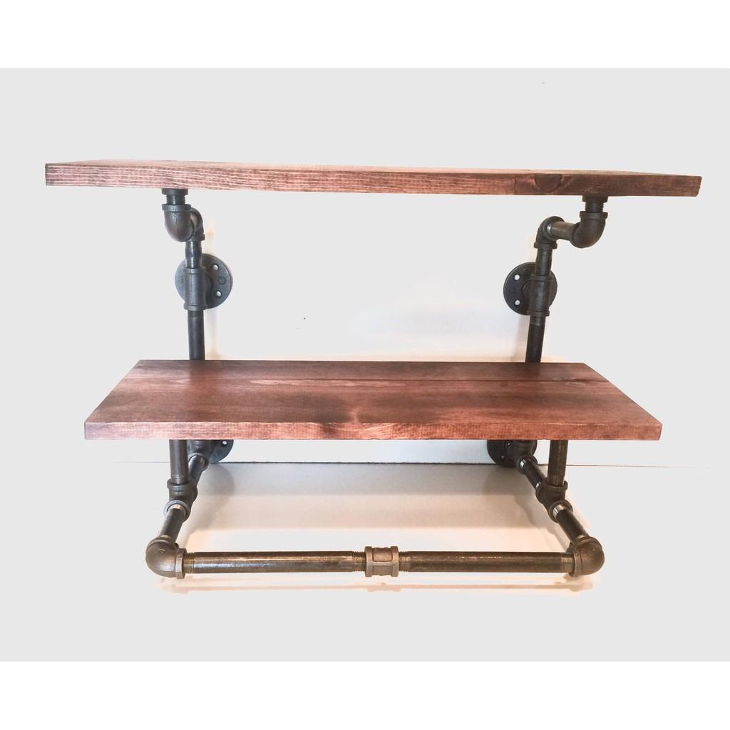 Kệ treo tường ống nước 2 tầng vintage, kệ ống nước cao cấp kiêm giá treo quần áo decor trang trí đẹp