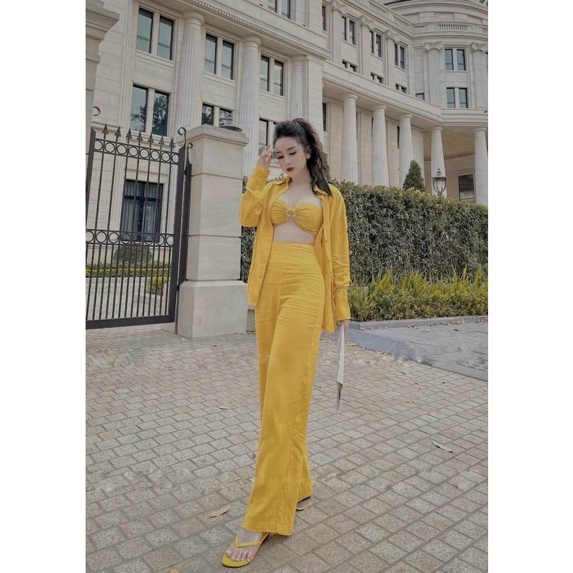 Set 3 món áo crop yếm quần dài kèm áo khoác sơ mi cá tính, năng động, trẻ trung phù hợp đi biển đi chơi dạo phố
