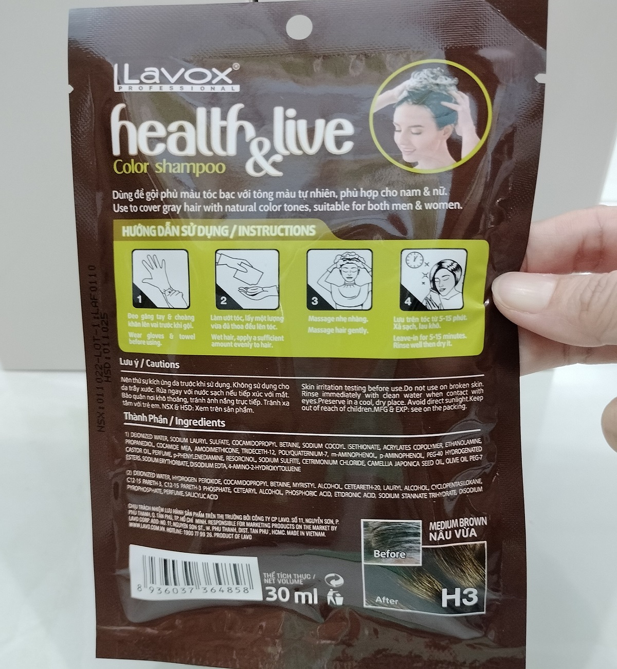 Dầu Gội Nhuộm Tóc Nâu Vừa, Phủ Bạc 100% Thảo Dược Siêu Dưỡng LAVOX 30ml - H3
