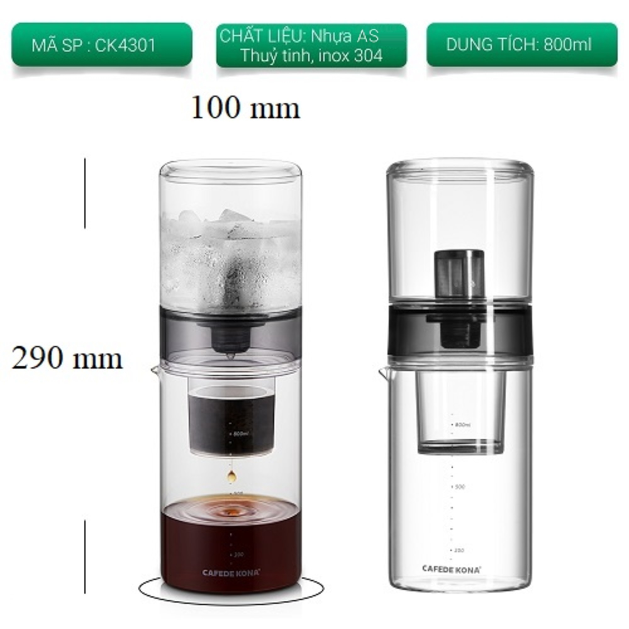 Bộ pha cà phê đá lạnh Cold Drip hình trụ 800ml CAFE DE KONA