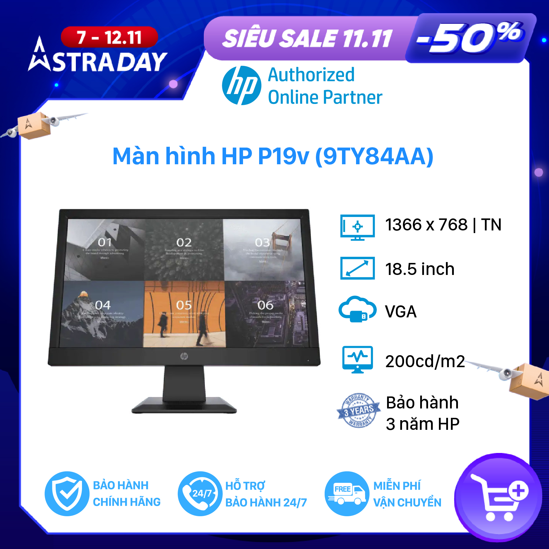 Màn hình máy tính HP P19v G4 9TY84AA - 18.5 inch/ WXGA (1366 x 768)/ VGA - Hàng Chính Hãng - Bảo hành 36 tháng