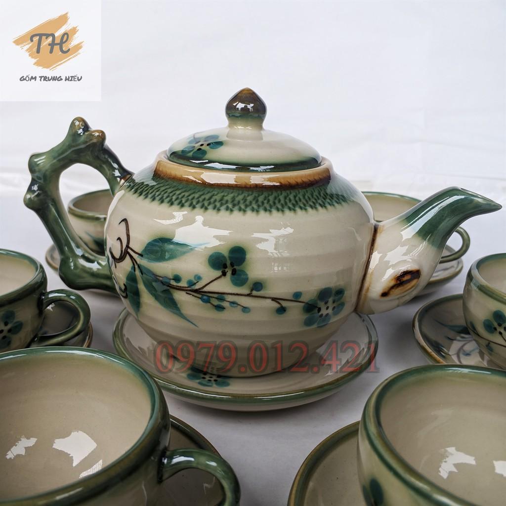 Bộ ấm chén Bát Tràng men bóng vẽ Đào xanh