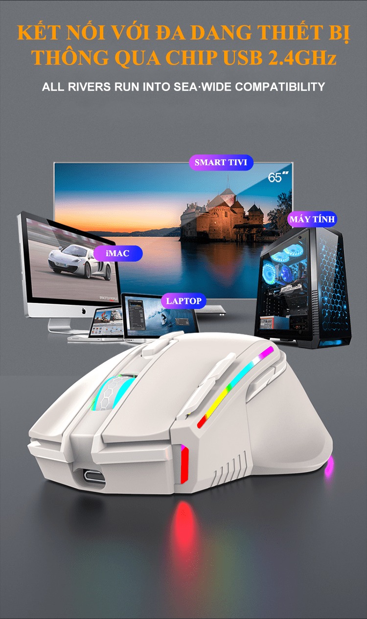 Chuột không dây K-snake BM-520 kết nối bằng chip USB 2.4GHz có led RGB nhiều chế độ màu và độ DPI lên đến 3200DPI