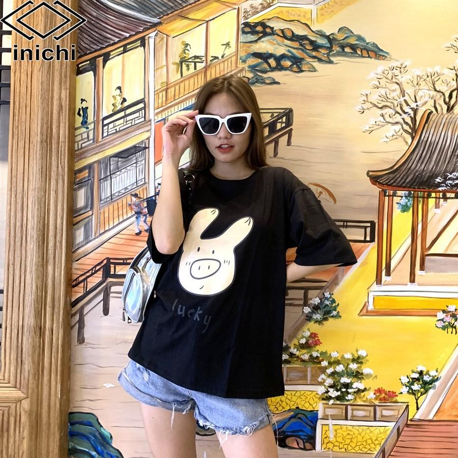 Áo thun Unisex INICHI tay lỡ form rộng phong cách nam nữ in hình chú heo lucky - A660 xanh lá