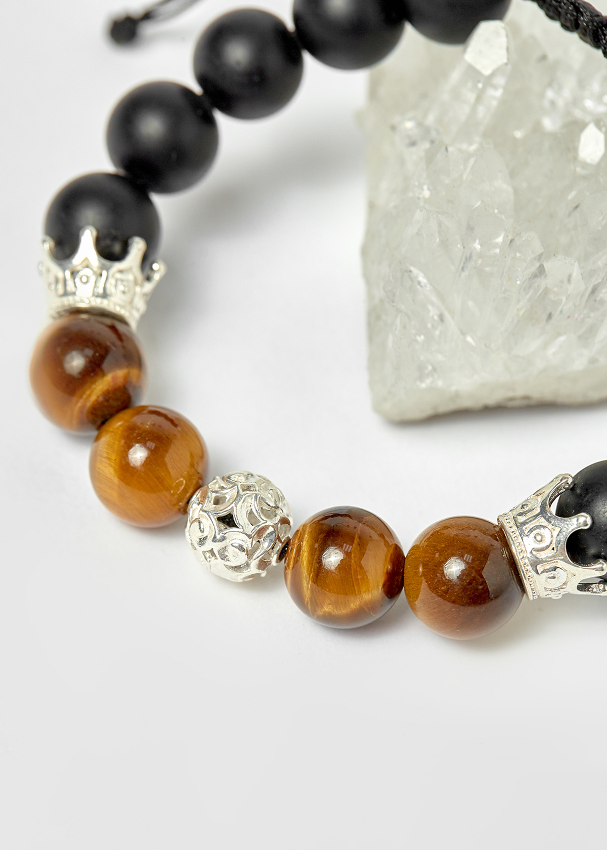 Vòng đá obsidian phối thạch anh mắt hổ vàng nâu và charm vương miệng bạc hạt 10mm - Ngọc Quý Gemstones