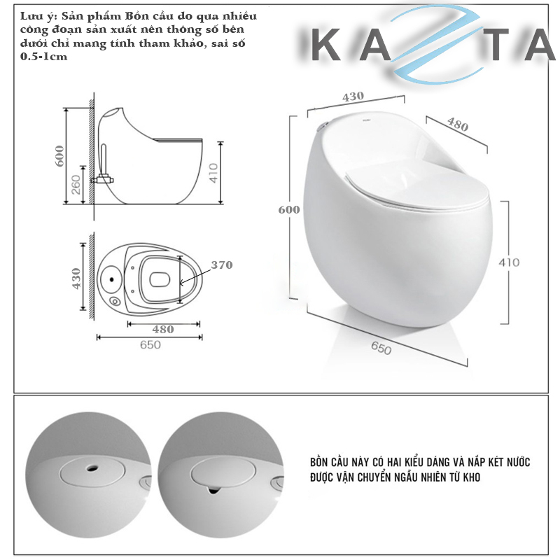 Bồn cầu trứng 1 khối KAZTA KZ-BC01 nút nhấn xả xoáy tiết kiệm nước-công nghệ men sứ nano kháng khuẩn