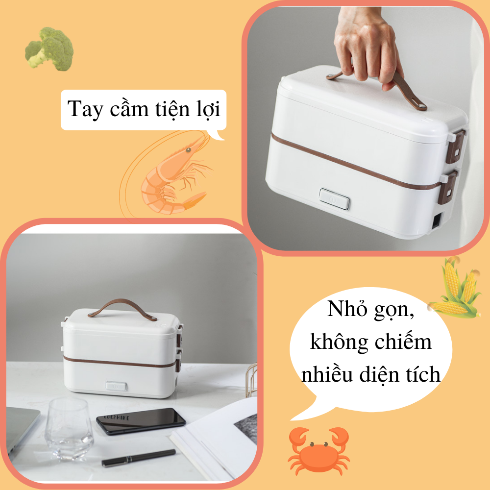 Hộp cơm cắm điện giữ nhiệt văn phòng CTFAST - A08 ( Trắng ) : Thiết kế 2 tầng tiện dụng, chất liệu inox 304 cao cấp hỗ trợ hấp, nấu chín, làm nóng đồ ăn nhanh chón g - Tặngtúi giữ nhiệt cao cấp