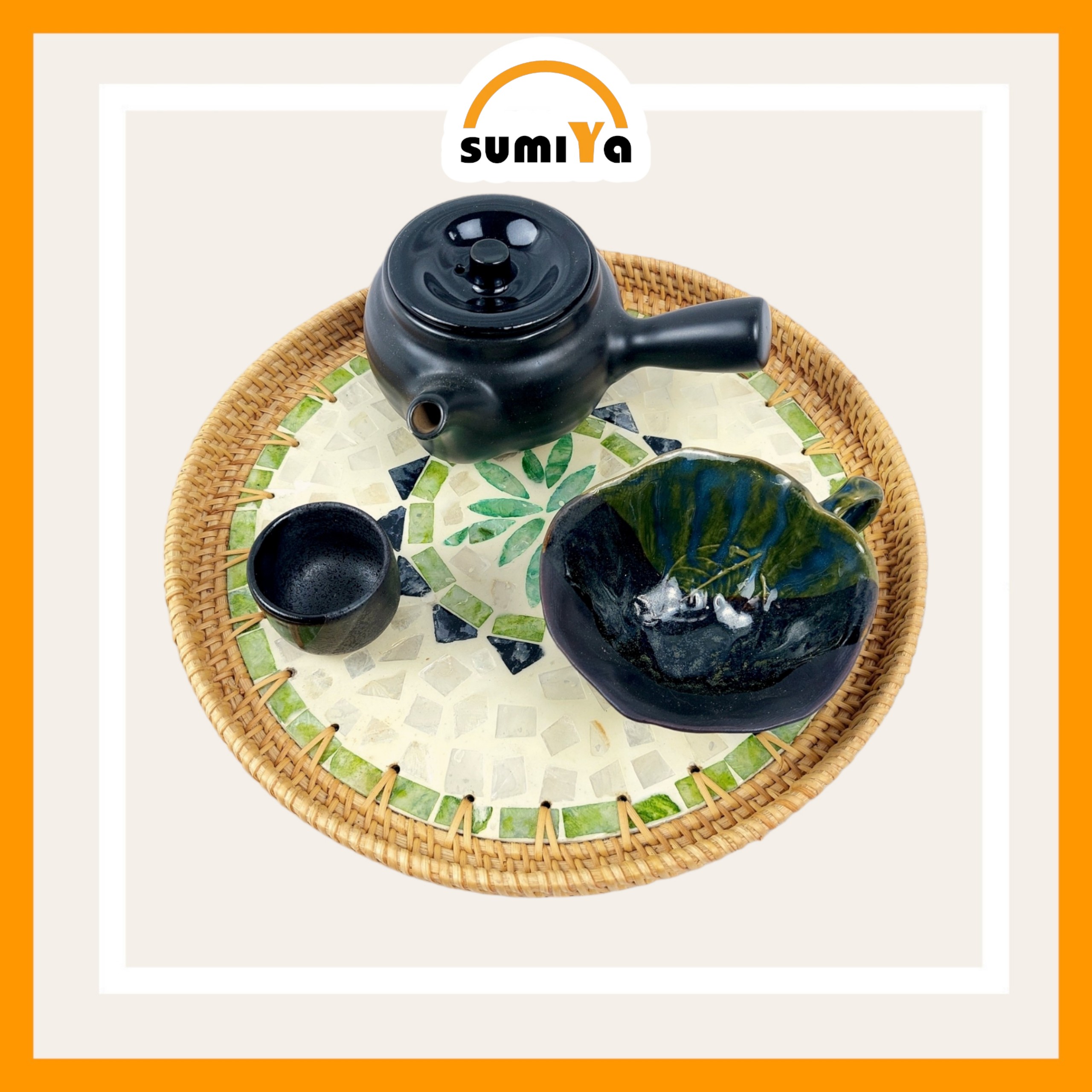 Đĩa mây xiên khảm sứ tròn, đĩa mây xiên tự nhiên đựng trái cây, bánh kẹo trang trí