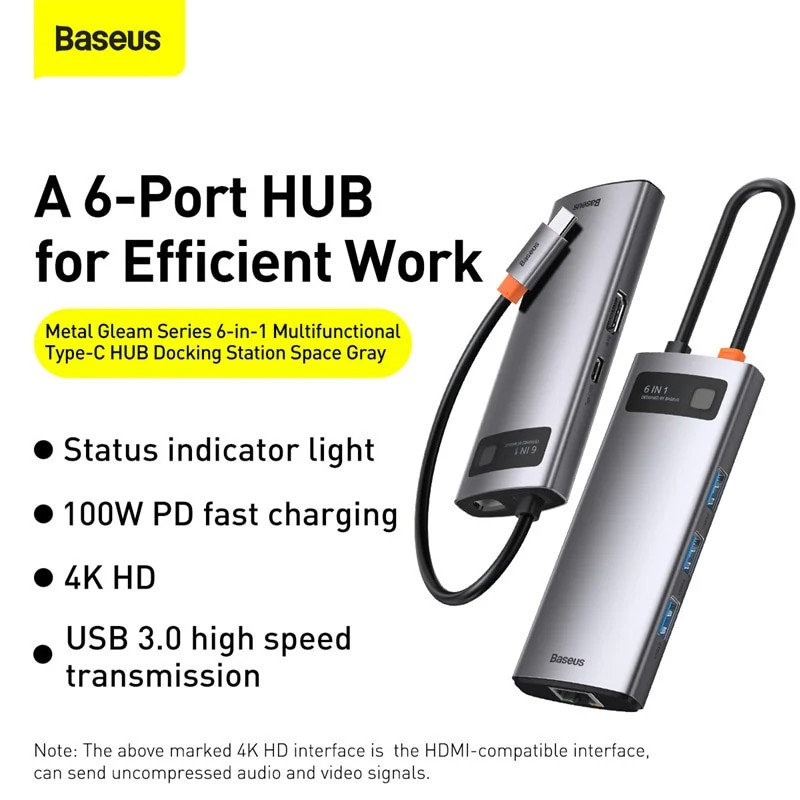 Hub chuyển đa năng Baseus Metal Gleam Series Multifunctional Docking Station ( Type-C to HDMI/ USB3.0/ LAN / SD Card Reader/ Type C PD 100W, Multifunctional HUB) - Hàng Chính Hãng