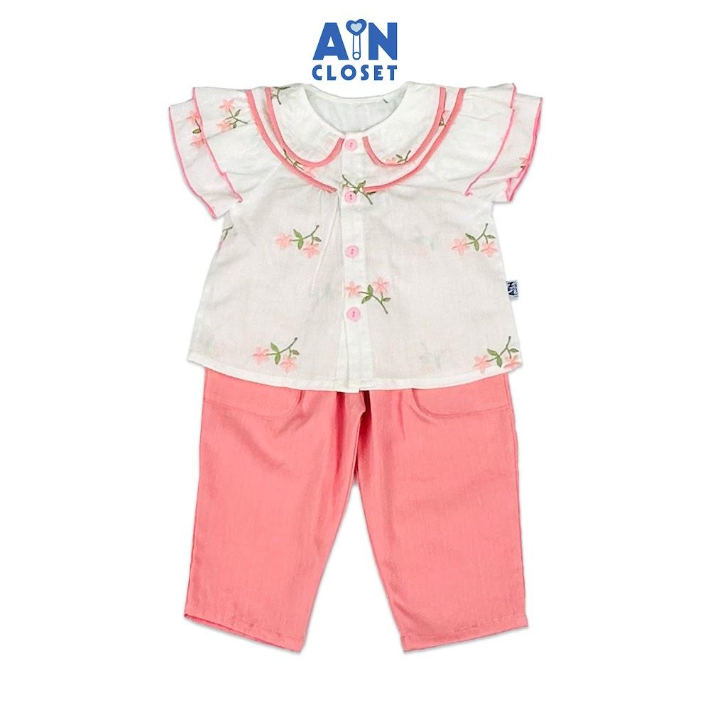 Bộ quần áo dài tay ngắn bé gái họa tiết hoa Tay Bèo quần Hồng cotton thêu - AICDBGHXRZWY - AIN Closet