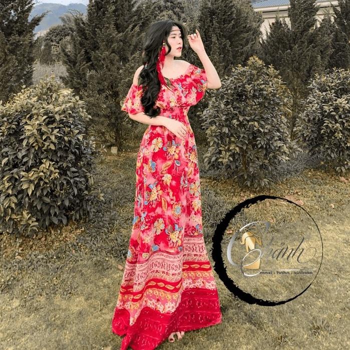 Maxi Trễ Vai Đi Biển Chụp Ngoại Cảnh Hoa Văn Rực Rỡ Nổi Bật