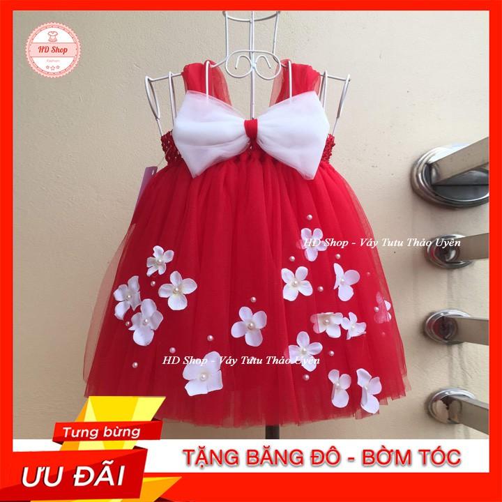 Đầm công chúa cho bé️️Đầm công chúa cho bé nơ trắng đính hoa tú cầu