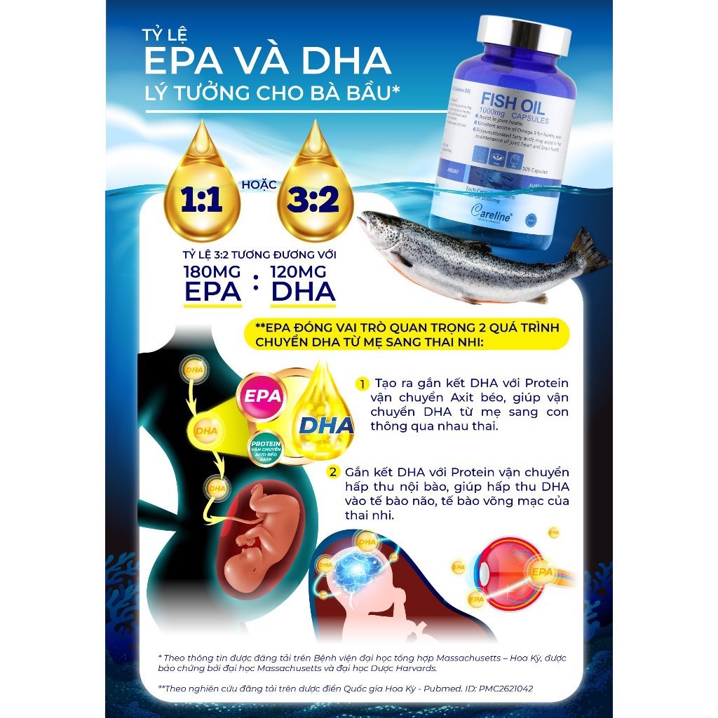 DHA Cho Bà Bầu CareLine Fish Oil 1000mg - Bổ Sung DHA Hàm Lượng Cao Giúp Não Bộ Trẻ Phát Triển Toàn Diện (Hộp 100 Viên)